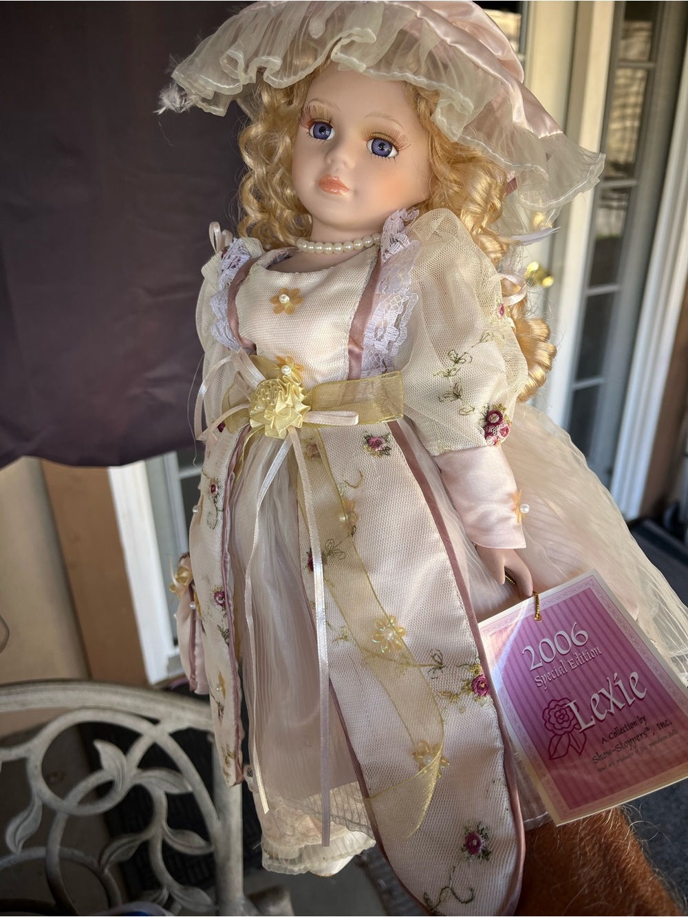 Porcelain Collector Doll in Pale Pink and Cream Dress